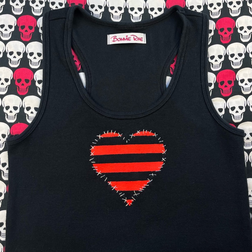 Emo Red and Black Striped Heart Racerback Tank Top / Size M